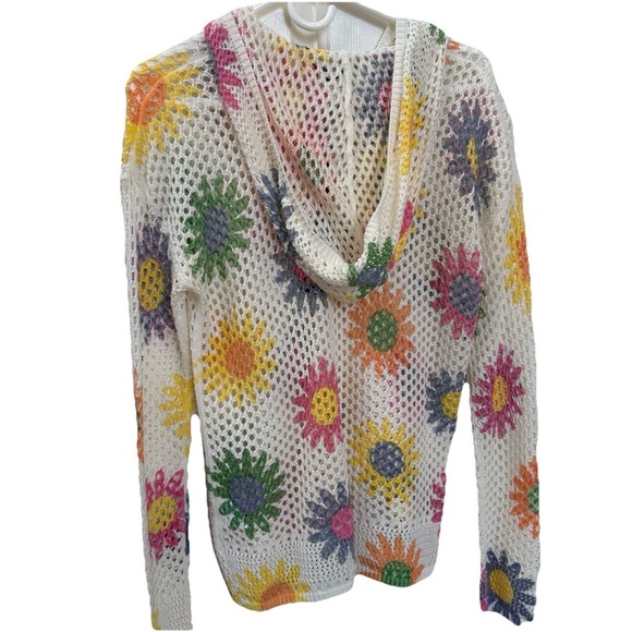 Charlie B Open Fishnet Crochet Multi-Color Daisy Hoodie Sweater-Small-Coquette - Picture 3 of 11
